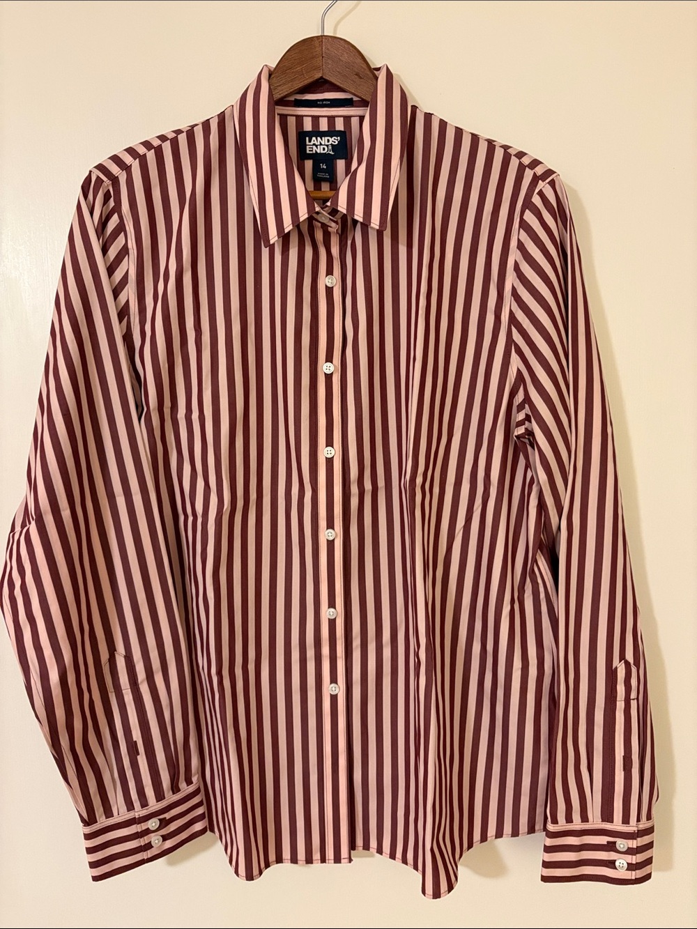 Lands' End Woman’s Burgundy and Pink Vertical Stripe Dress Shirt